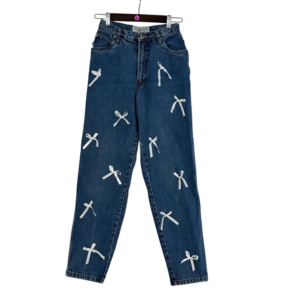 Vintage 90s Bugle Boy Jeans Womens 10 High Rise Tapered Upcycled Bow Denim